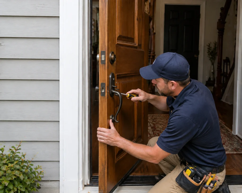 Professional locksmith repairing door handle and lock on a wooden front door