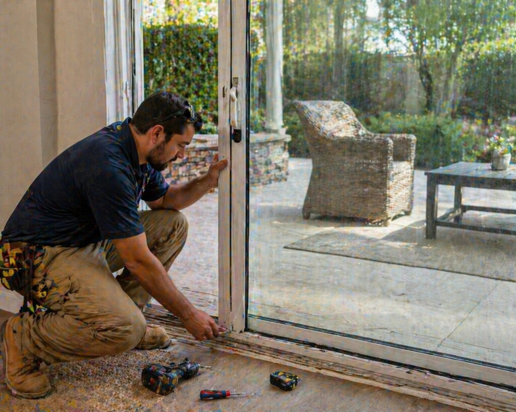Locksmith installing a sliding glass door handle with tools on the floor.