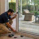 Locksmith installing a sliding glass door handle with tools on the floor.