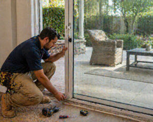 Locksmith installing a sliding glass door handle with tools on the floor.