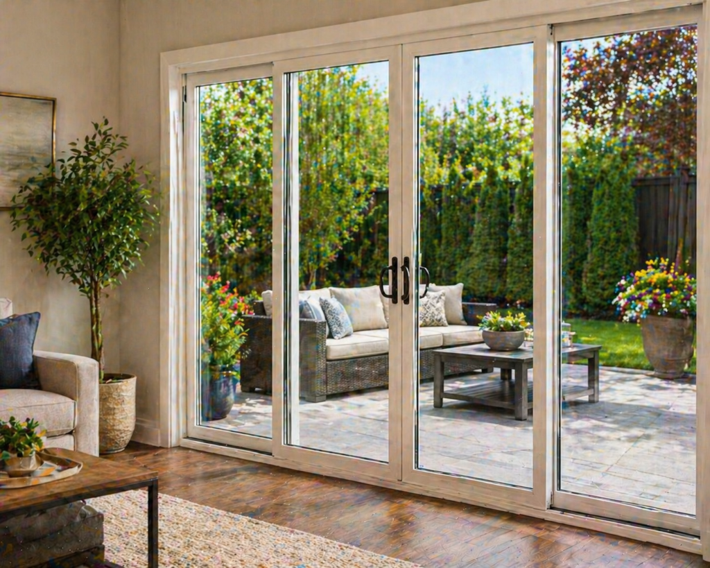 Living room with sliding glass doors leading to a beautiful outdoor patio and garden area.