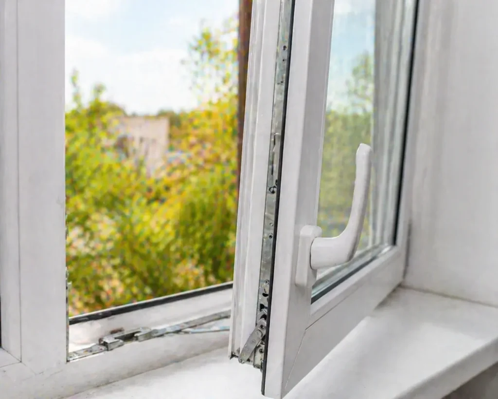 White window partially open with a handle, showing a clear view of the outside.