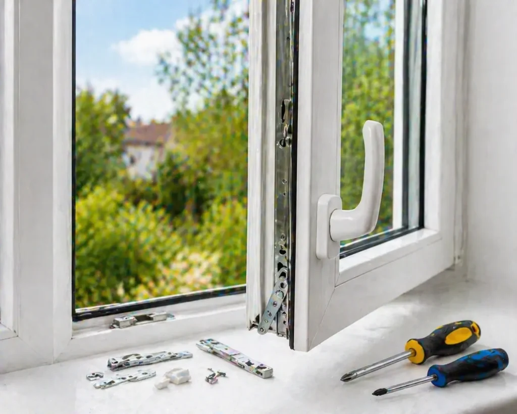 White window handle open with tools and parts beside it on a windowsill.
