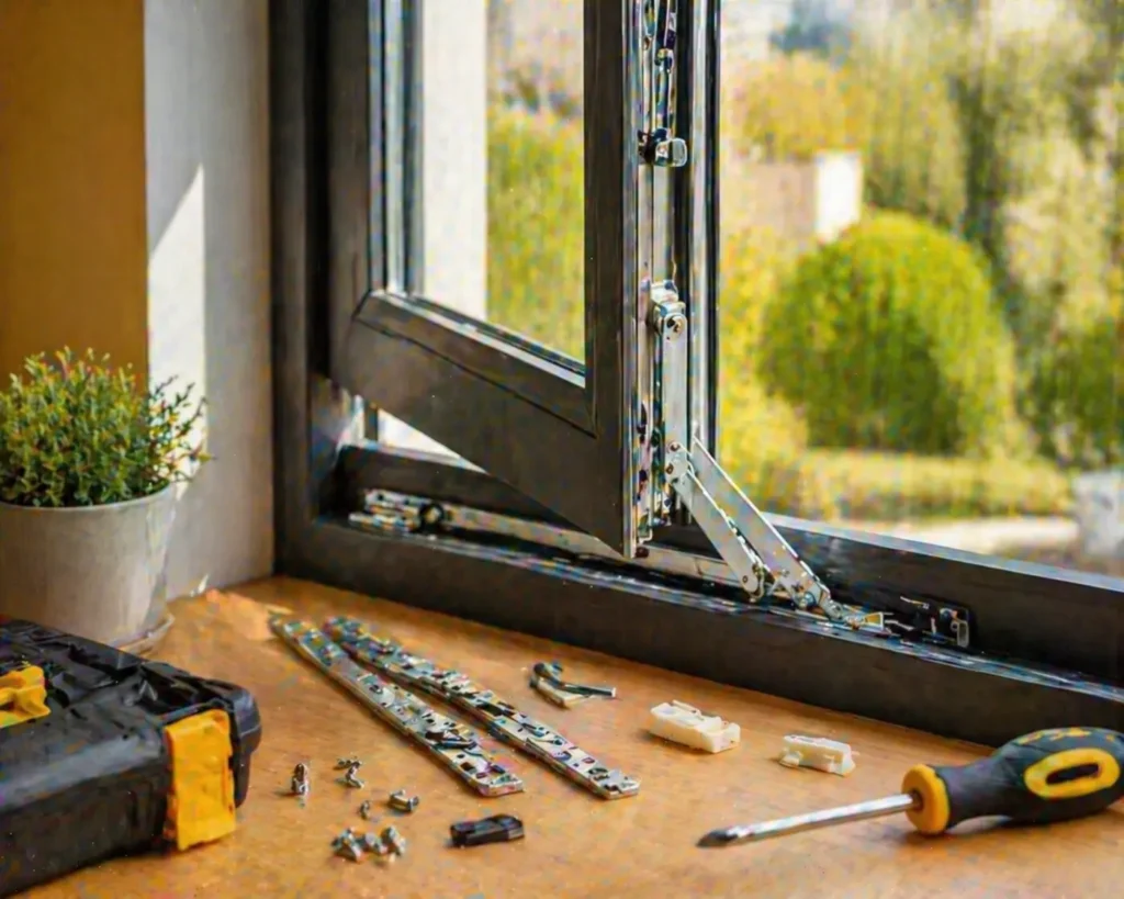 Window frame open with tools and parts laid out on a wooden surface.
