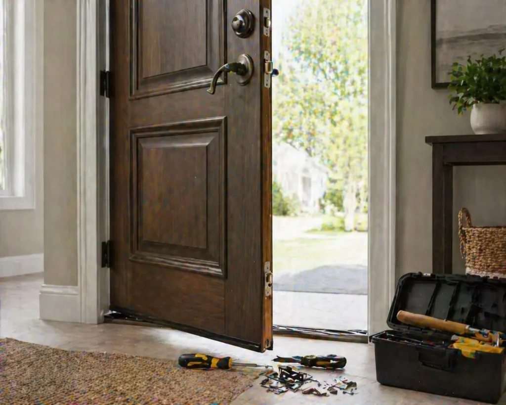 Wooden front door with tools and hardware on the floor, being repaired