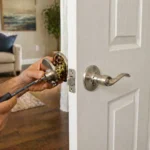 Hand repairing a door handle with a screwdriver on a white door.