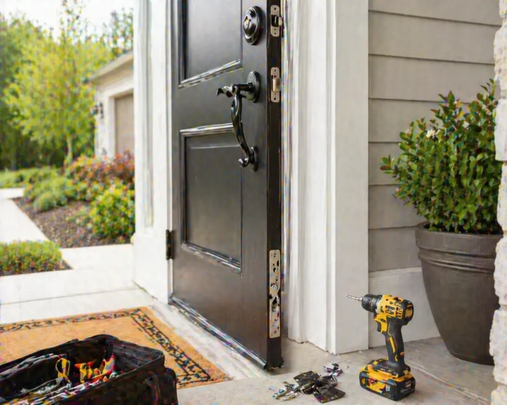Black front door with a toolbox and drill on the ground during repairs.