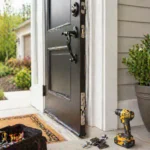 Black front door with a toolbox and drill on the ground during repairs.