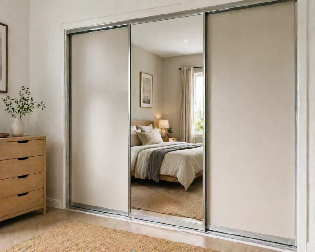 Sliding closet doors fully closed in a bedroom with a cozy, modern interior.