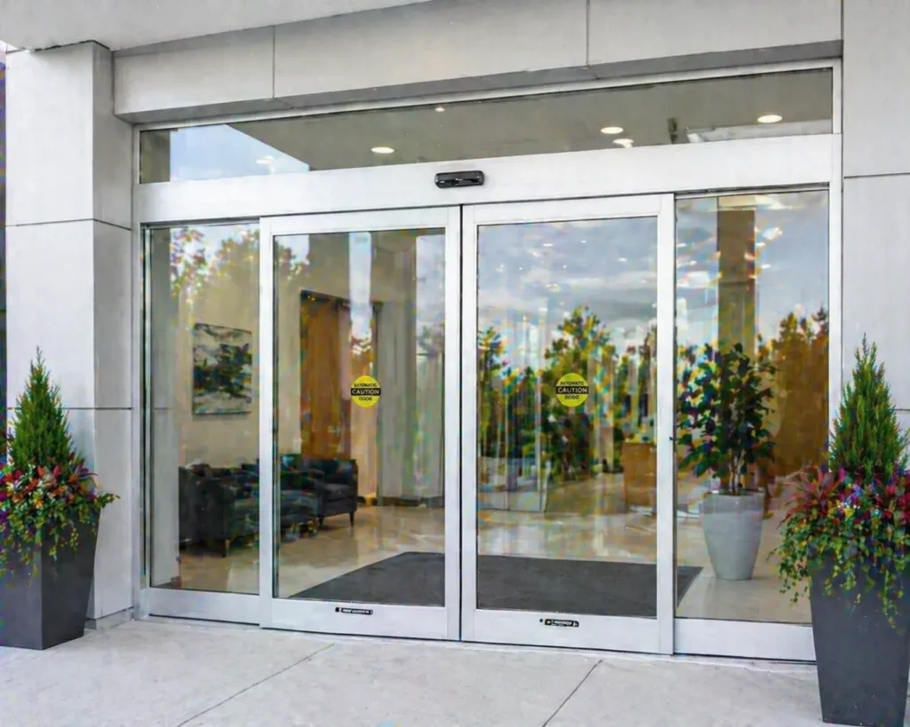Automatic sliding doors with a directory board beside it.