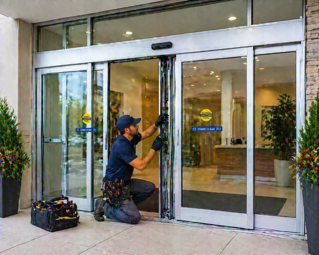 Man repairing automatic sliding doors with tools, caution sign visible on the door.