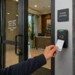 Person scanning a key card at an access control panel on the door.