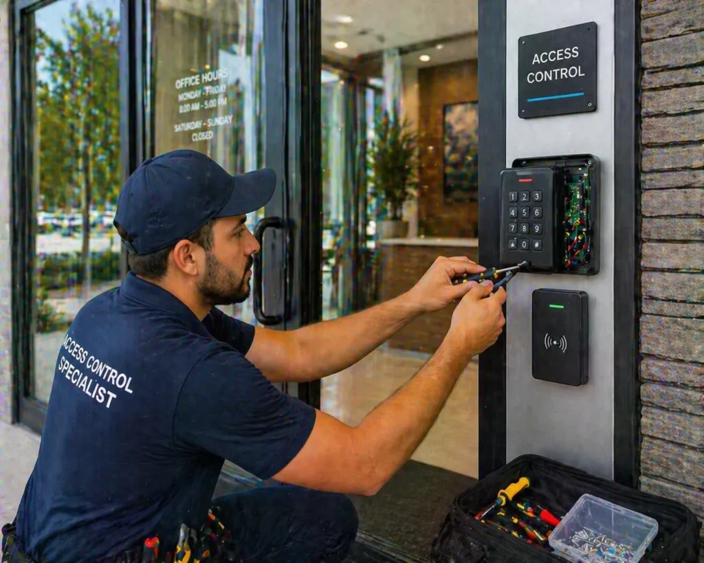 Access control technician working on an access control system on the door with tools.
