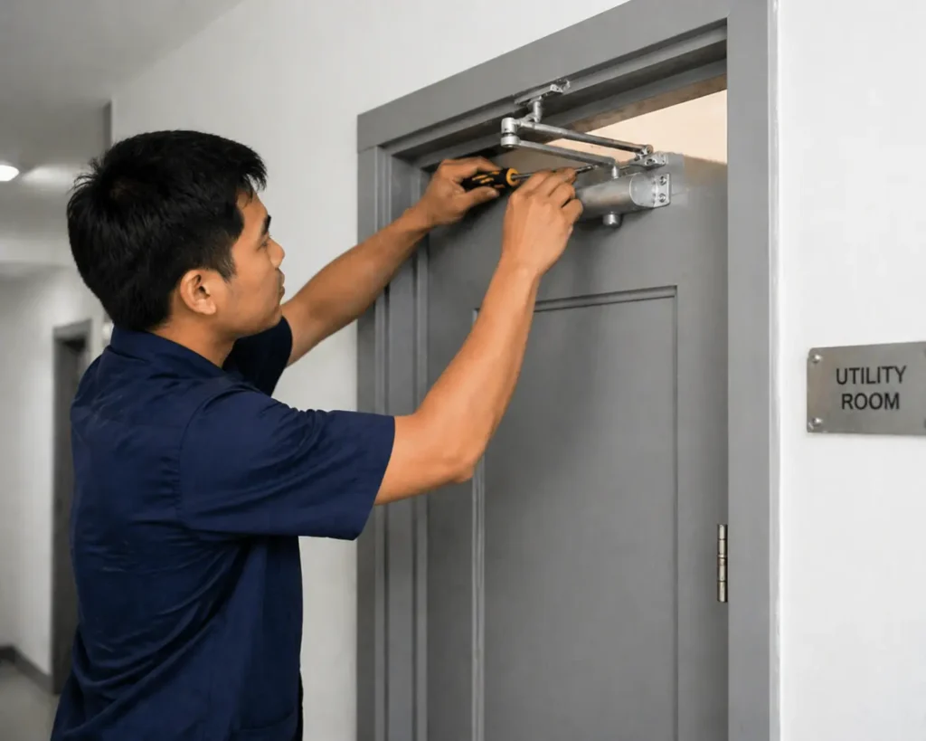 A technician working on a door handle and lock mechanism in a hallway.