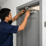A technician working on a door handle and lock mechanism in a hallway.