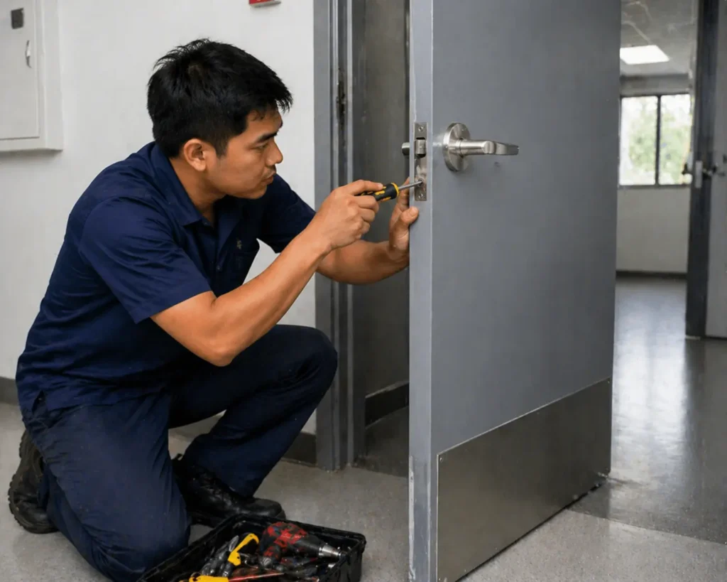 A technician repairing a door closer on a utility room door.