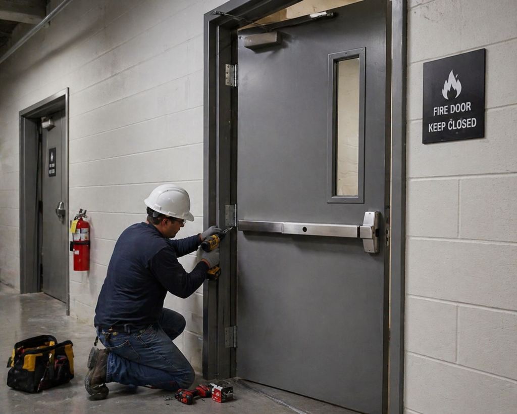 Technician in safety gear tightening the hinges of a fire-rated steel door in an industrial hallway. The setting features exposed cinderblock walls, a fire door sign, and scattered tools, capturing a maintenance scene in a commercial building corridor