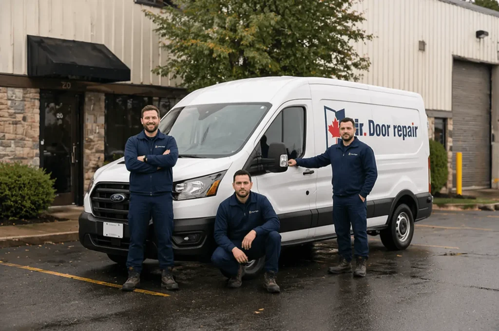 Door repair team posing with service van.