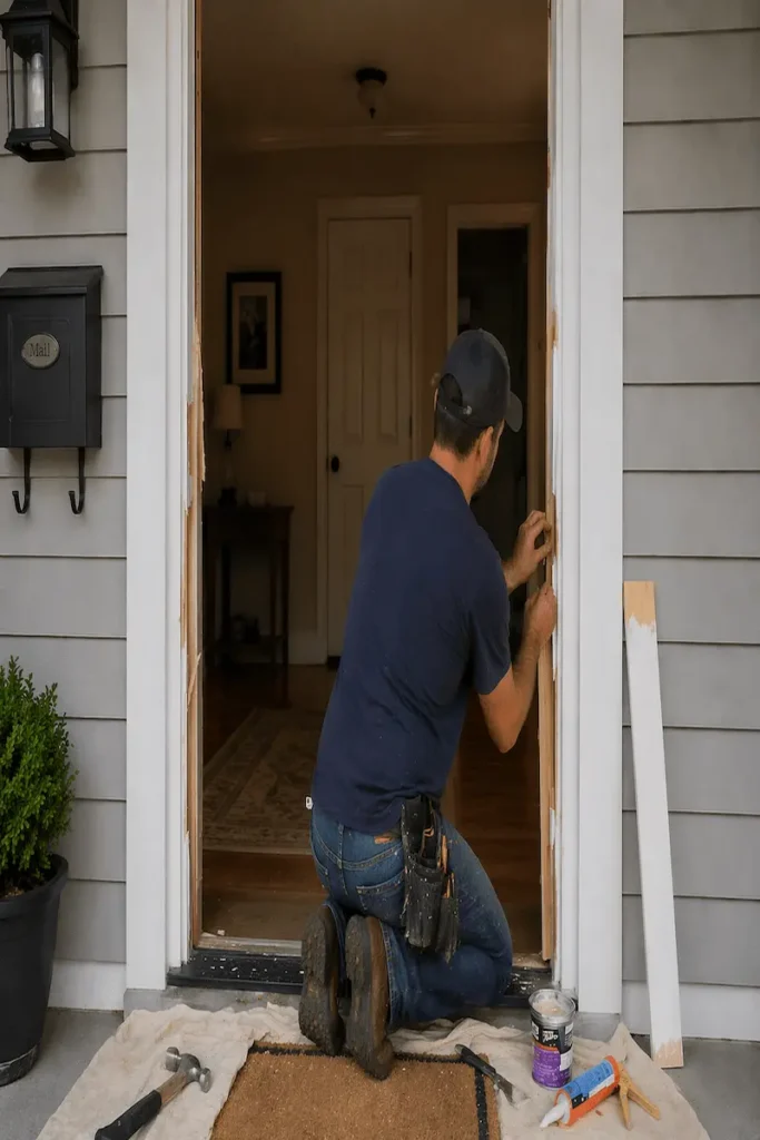 Worker repairing door frame with tools.