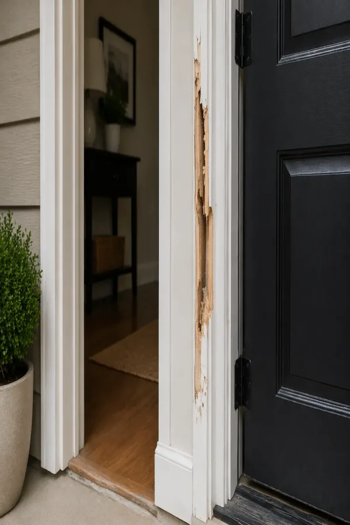 Damaged door frame with visible wood damage.