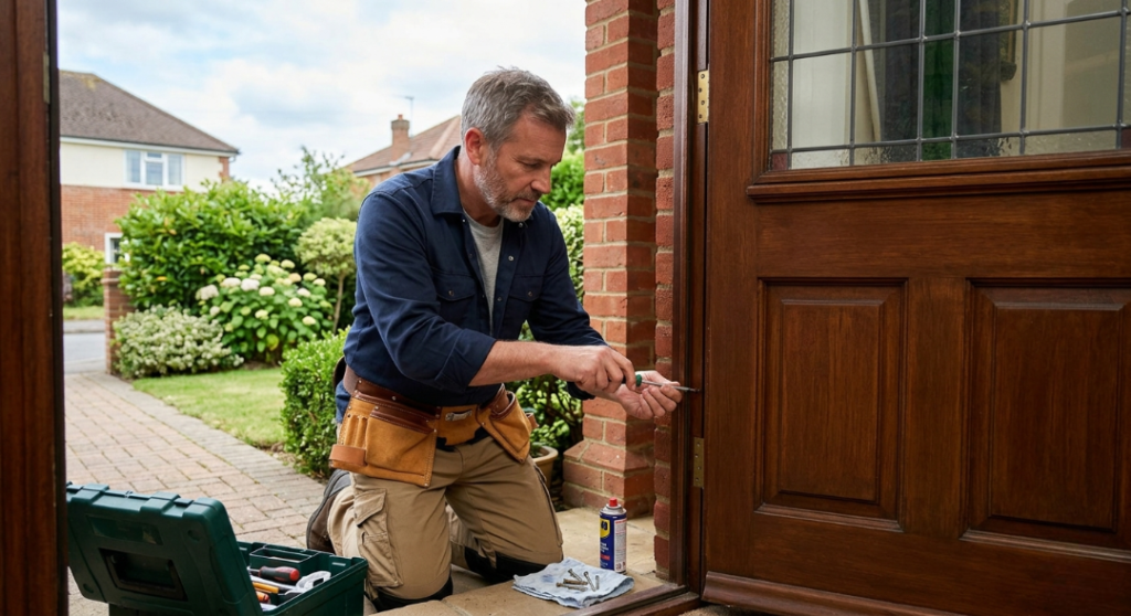 A handyman with grey hair and a beard kneels on a front porch to repair a wooden entry door frame using a manual screwdriver.