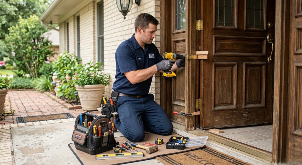 A professional technician wearing a dark navy uniform kneels on a residential porch to repair a wooden entry door frame and hinges using a yellow cordless drill.
