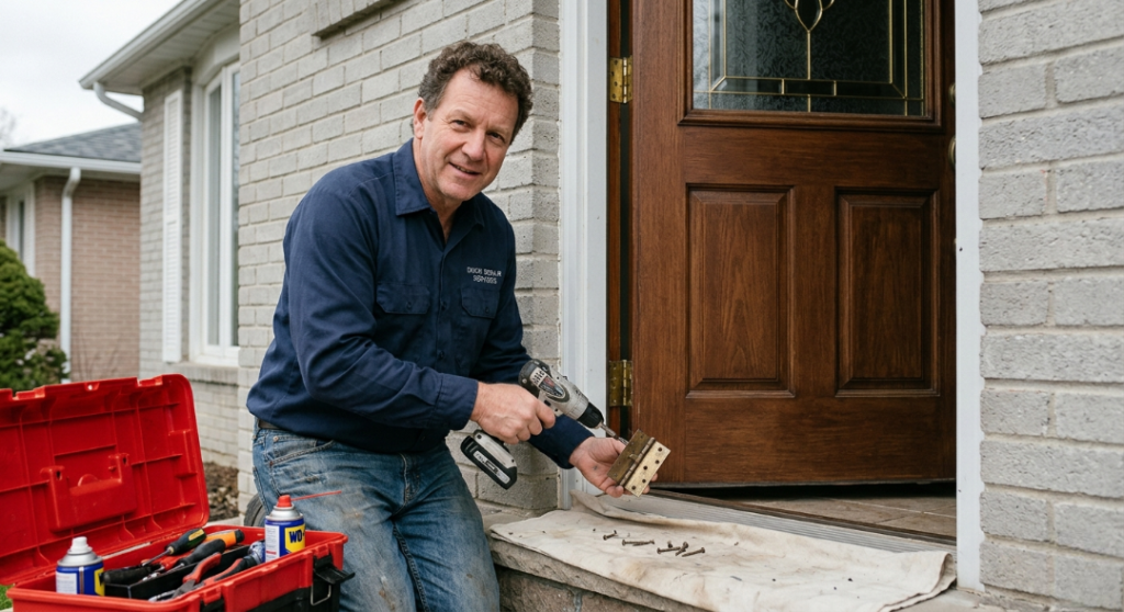 A professional door repair technician smiles while kneeling on a front porch to replace a brass hinge on a classic wooden entry door using a cordless power drill.