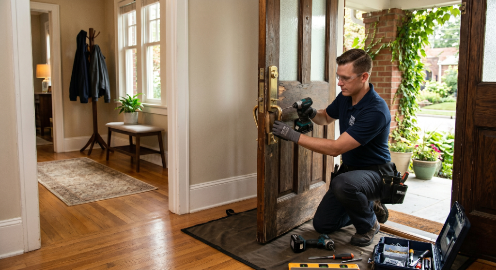 A professional locksmith or handyman kneeling to repair or install a brass handle lockset on a classic wooden front entry door using a cordless power drill.
