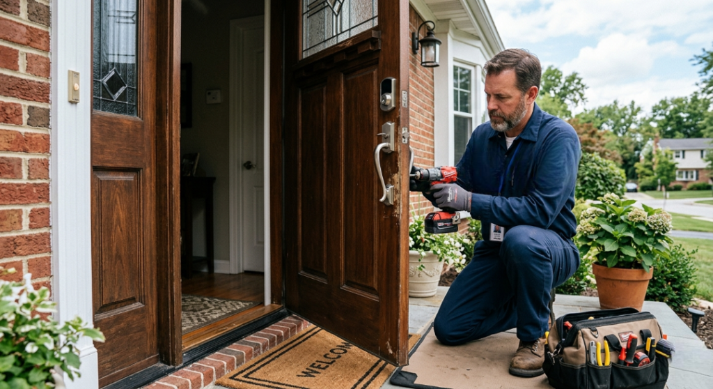A door repair technician in a navy uniform kneels on a residential front porch to fix or install a silver handle lockset below a keypad smart lock using a red cordless power drill.