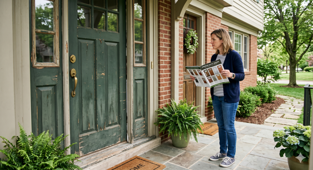 A homeowner is standing outside a suburban home, looking closely at an older front entry door
