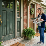 A homeowner is standing outside a suburban home, looking closely at an older front entry door