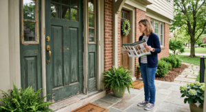 A homeowner is standing outside a suburban home, looking closely at an older front entry door