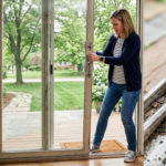 A homeowner is trying to slide open a glass patio door,