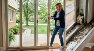 A homeowner is trying to slide open a glass patio door,