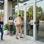 A business owner is standing near the entrance of a busy office or retail building