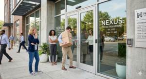 A business owner is standing near the entrance of a busy office or retail building