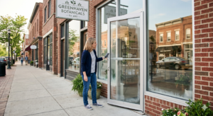 A small business owner is standing outside a storefront, inspecting the glass entrance and aluminum frame