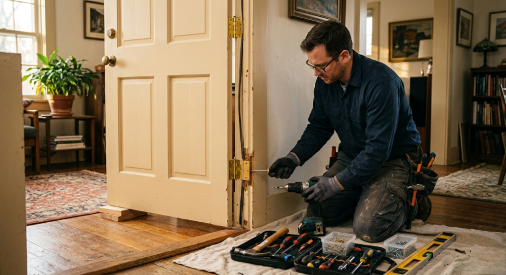 A handyman wearing glasses and work gloves kneels on a drop cloth to repair a brass hinge on an off-white interior room door using a cordless screwdriver.
