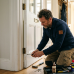 A handyman wearing a dark blue shirt and cargo pants kneels on a hardwood floor to repair a lower hinge on a white wooden interior door using a manual screwdriver.