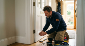 A handyman wearing a dark blue shirt and cargo pants kneels on a hardwood floor to repair a lower hinge on a white wooden interior door using a manual screwdriver.