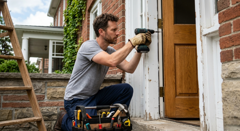 A handyman wearing a grey shirt and work gloves kneels outside a brick house to repair a hinge on an oak wood entry door using a cordless power drill.