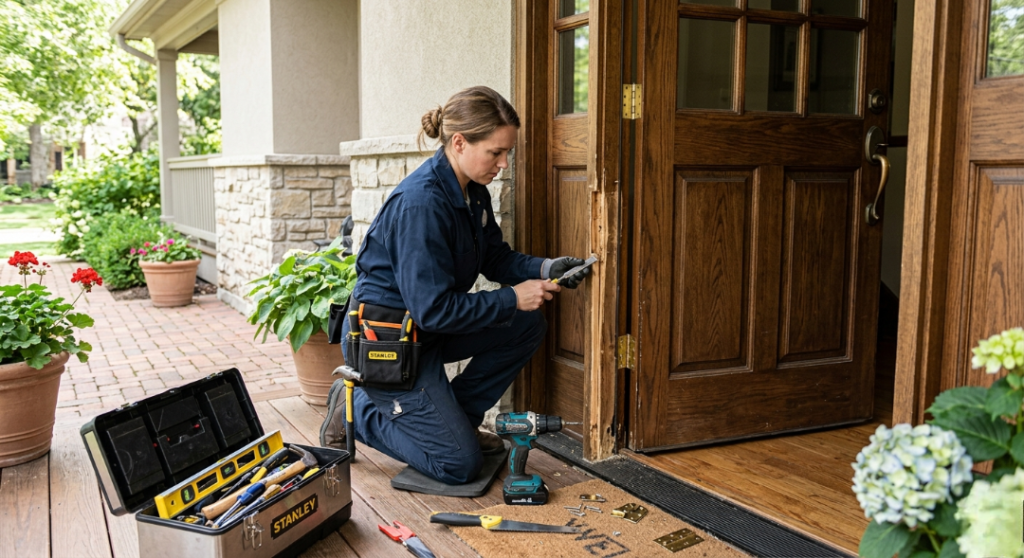 A female technician in a navy blue jumpsuit kneels on a porch mat, using a hand chisel to scrape and carve a damaged wooden door jamb next to an open double front door.