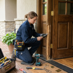 A female technician in a navy blue jumpsuit kneels on a porch mat, using a hand chisel to scrape and carve a damaged wooden door jamb next to an open double front door.