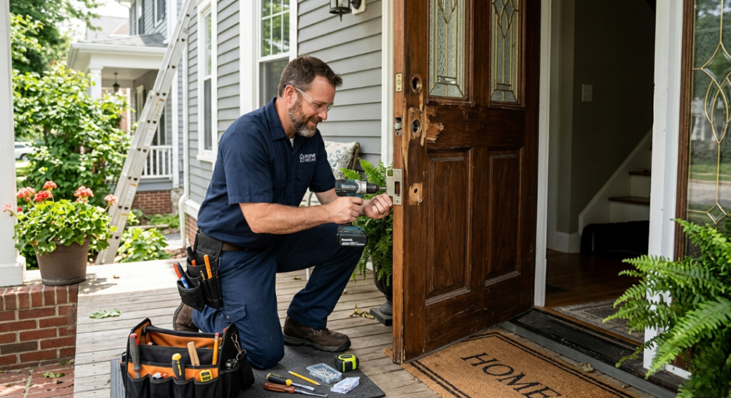 A male technician wearing safety glasses and a dark blue uniform kneels on a front porch, using a cordless drill to install a silver strike plate or latch on a wooden front door.