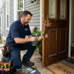 A male technician wearing safety glasses and a dark blue uniform kneels on a front porch, using a cordless drill to install a silver strike plate or latch on a wooden front door.