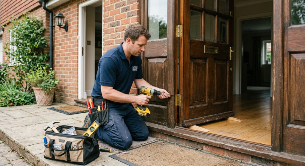 A male technician in a blue polo shirt kneels on an outdoor entryway mat, using a yellow cordless drill to tighten the lower brass hinge of a large wooden front door.